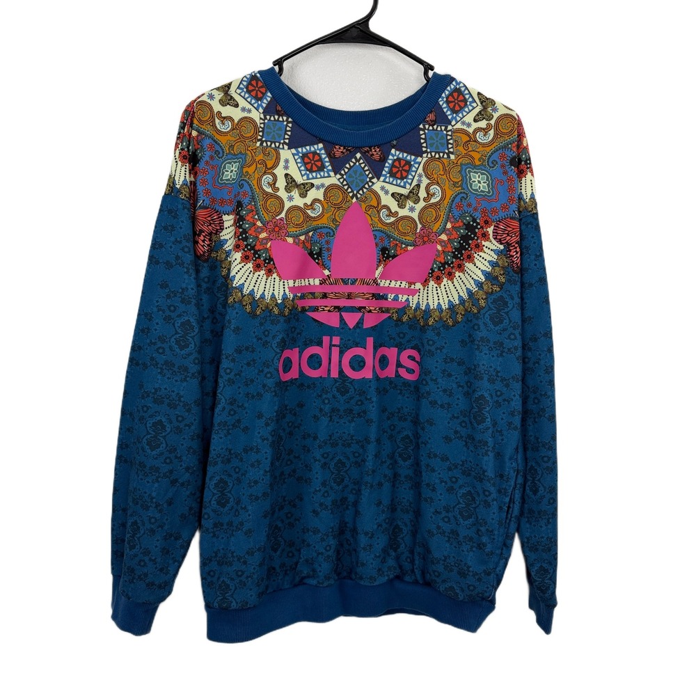 Adidas Sweatshirt Womens Small Blue Farm Rio Butterfly Paisley Trefoil Logo